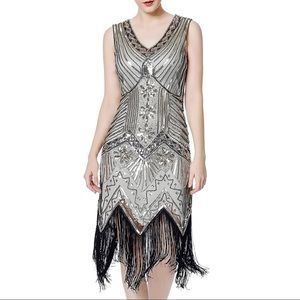 1920’s Gold Beaded Sequin Flapper Dress w/Fringe